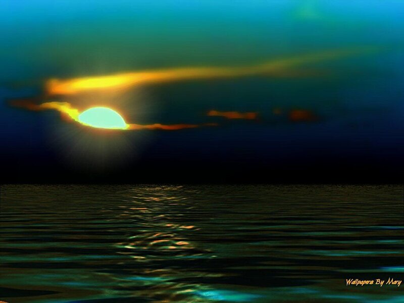 Sun Setting over Water — Blue, Dramatic, Sunset, Digital Art