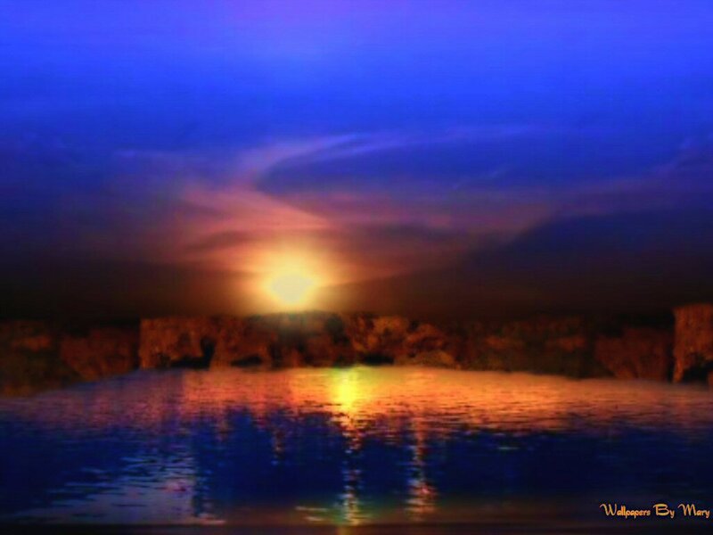 Sun Setting over Water — Blue, Dramatic, Sunset, Photograph, Cliffs