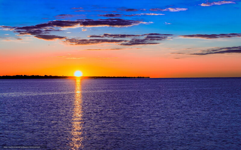Sun Setting over Water — Blue, Serene, Sunset, Photograph, Clouds, Reflection
