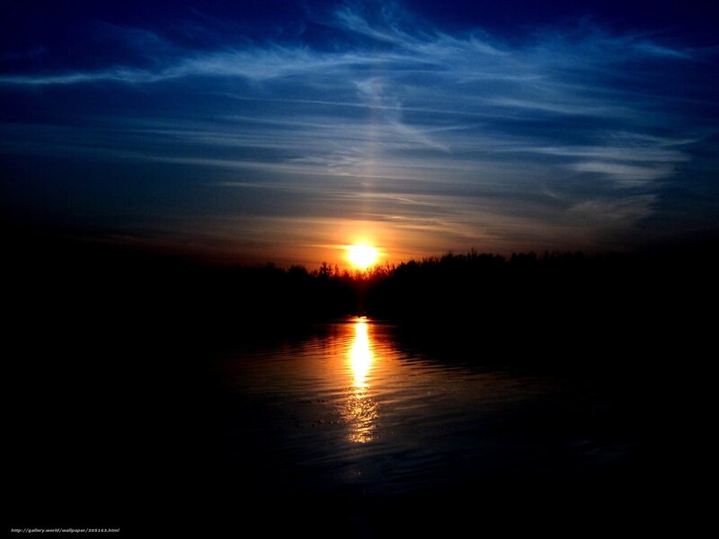 Sun Setting over Water — Blue, Serene, Sunset, Photograph, Trees