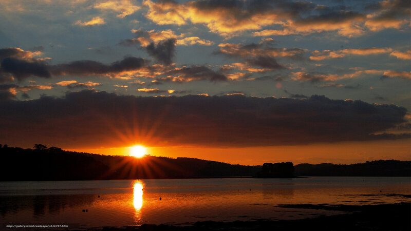 Sun Setting over Water — Orange, Dramatic, Sunset, Photograph, Clouds, Mountains, Reflection