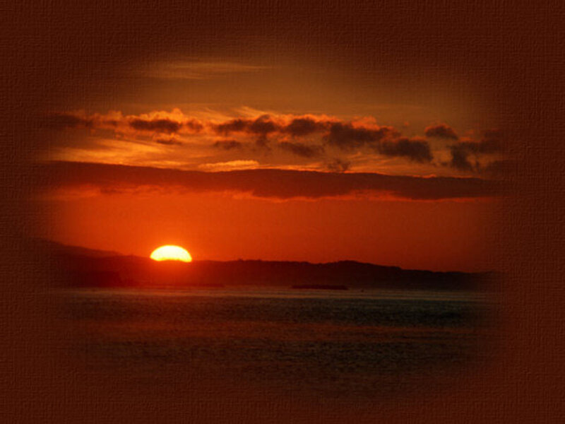 Sun Setting over Water — Orange, Dramatic, Sunset, Photograph, Clouds, Mountains