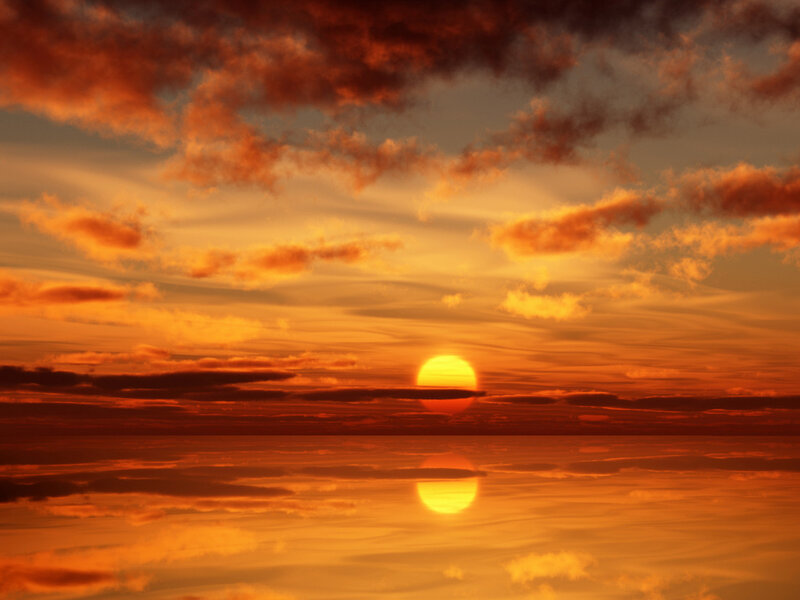 Sun Setting over Water — Orange, Dramatic, Sunset, Photograph, Clouds, Reflection