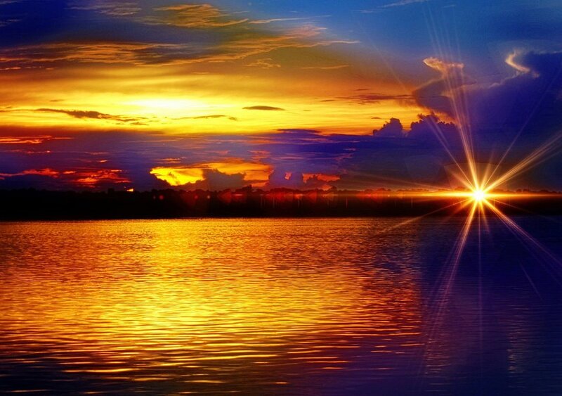 Sun Setting over Water — Orange, Dramatic, Sunset, Photograph, Sky, Clouds