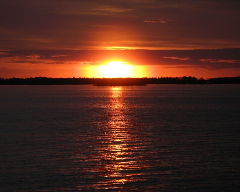 Sun Setting over Water — Orange, Dramatic, Sunset, Photograph, Sky, Trees