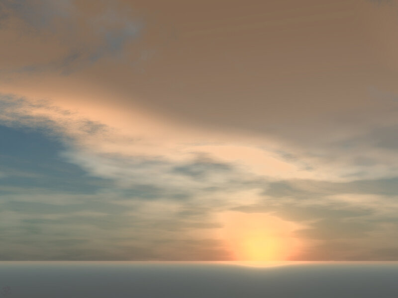Sun Setting over Water — Orange, Serene, Sunset, Digital Art, Clouds