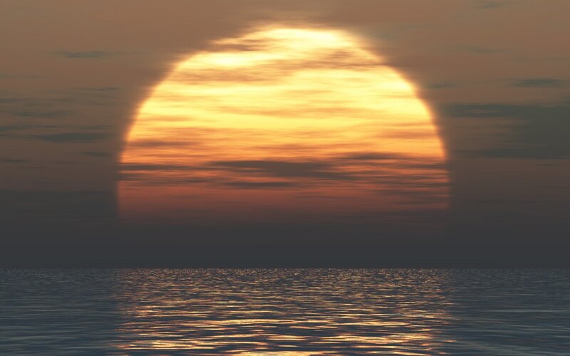 Sun Setting over Water — Orange, Serene, Sunset, Digital Art, Sky, Clouds, Reflection