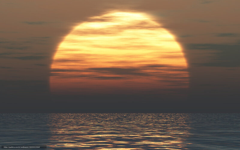 Sun Setting over Water — Orange, Serene, Sunset, Digital Art, Sky, Clouds