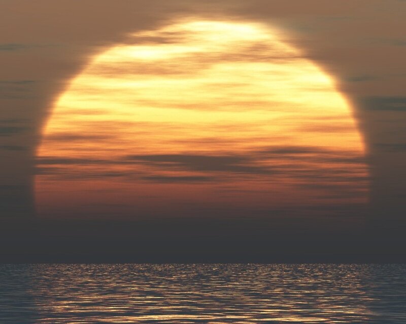 Sun Setting over Water — Orange, Serene, Sunset, Digital Art, Sky, Clouds, Yellow