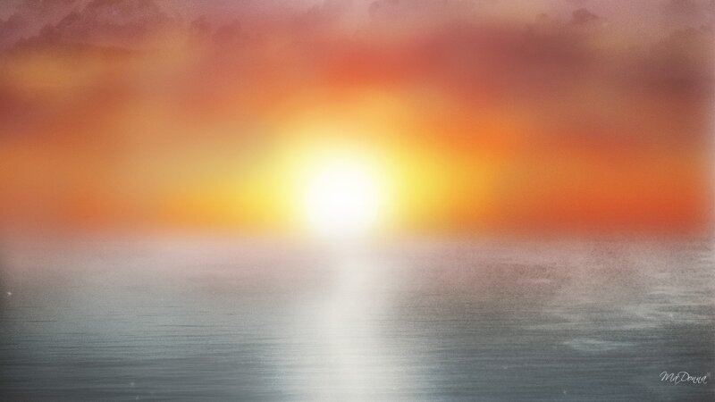 Sun Setting over Water — Orange, Serene, Sunset, Digital Art, Sky