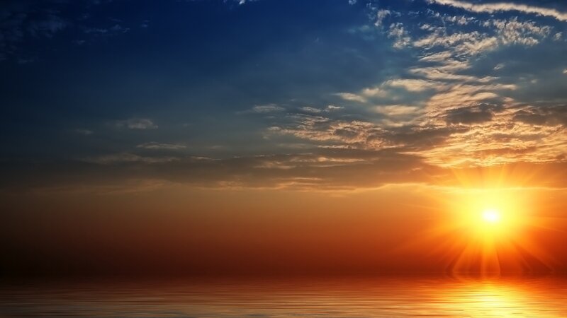 Sun Setting over Water — Orange, Serene, Sunset, Photograph, Clouds, Blue, Yellow