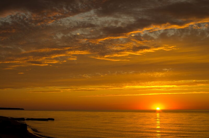 Sun Setting over Water — Orange, Serene, Sunset, Photograph, Clouds, Ocean