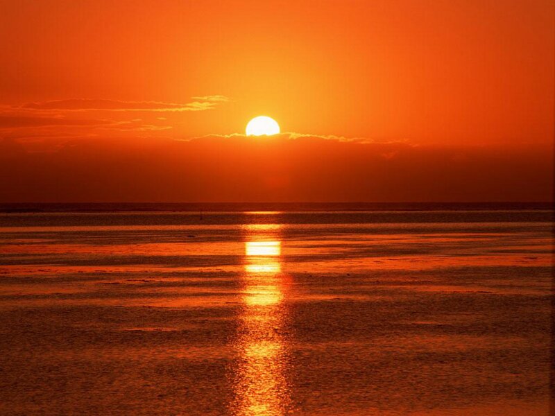 Sun Setting over Water — Orange, Serene, Sunset, Photograph, Clouds, Reflection