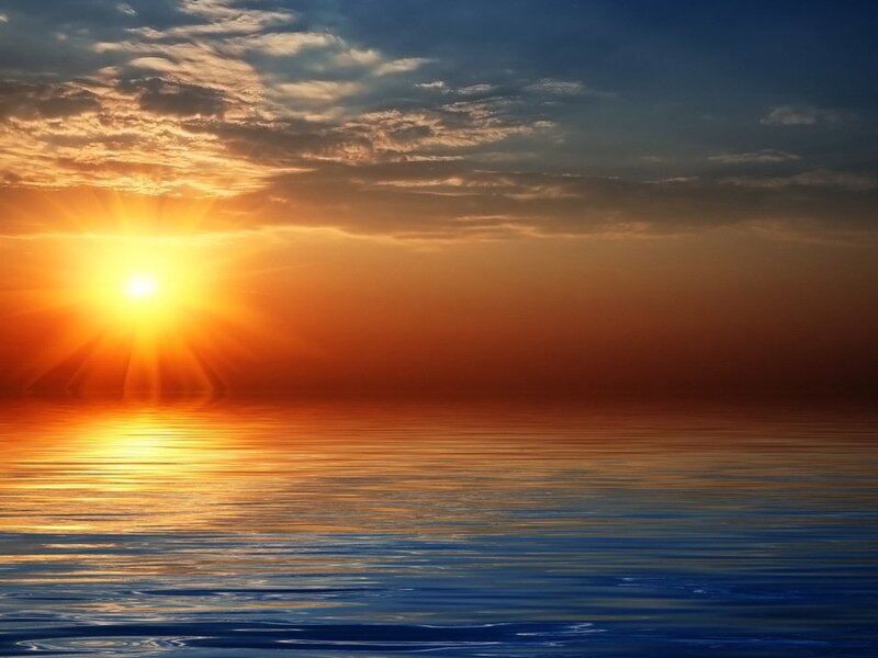 Sun Setting over Water — Orange, Serene, Sunset, Photograph, Clouds