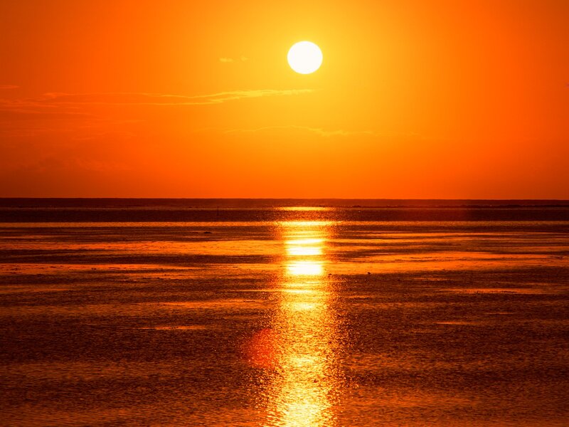 Sun Setting over Water — Orange, Serene, Sunset, Photograph, Sky, Reflection