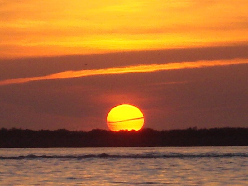 Sun Setting over Water — Orange, Serene, Sunset, Photograph, Sky