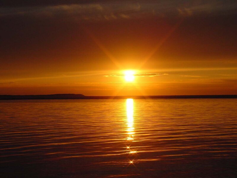 Sun Setting over Water — Orange, Serene, Sunset, Photograph