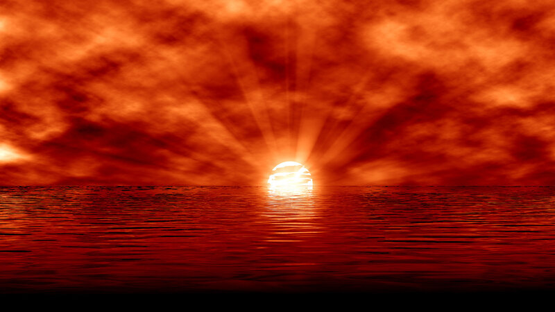 Sun Setting over Water — Red, Dramatic, Sunset, Digital Art, Clouds, Ocean