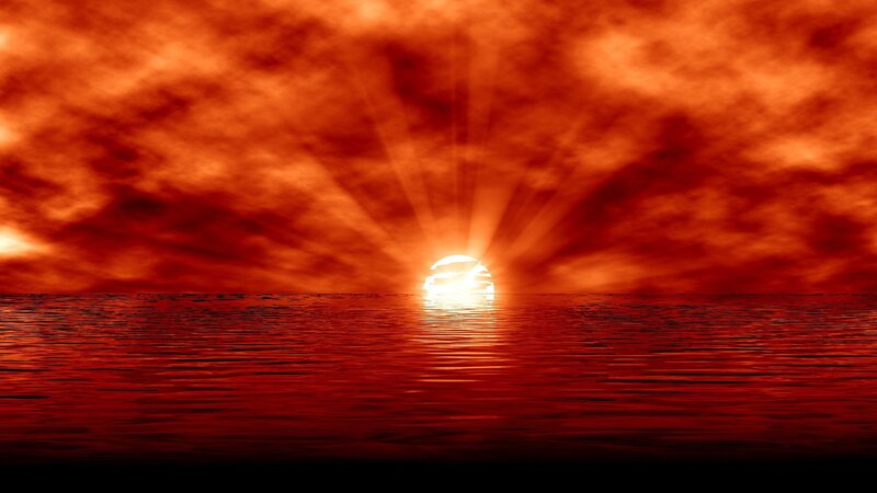 Sun Setting over Water — Red, Dramatic, Sunset, Digital Art, Clouds, Orange