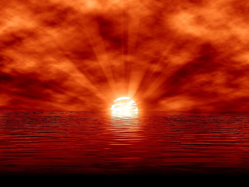 Sun Setting over Water — Red, Dramatic, Sunset, Digital Art, Clouds