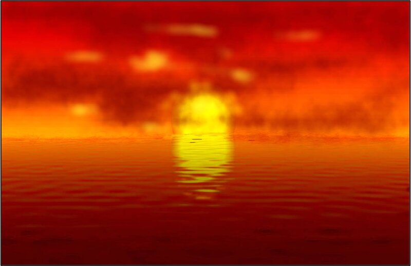 Sun Setting over Water — Red, Dramatic, Sunset, Digital Art, Sky