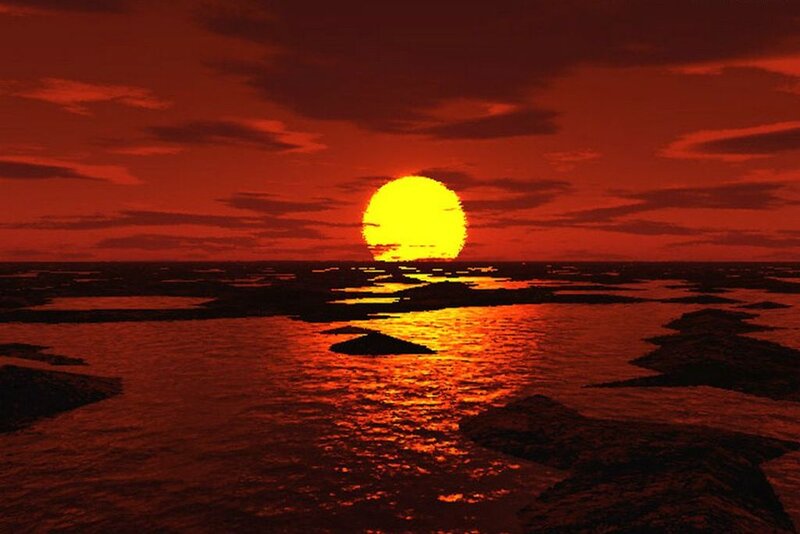 Sun Setting over Water — Red, Dramatic, Sunset, Digital Art
