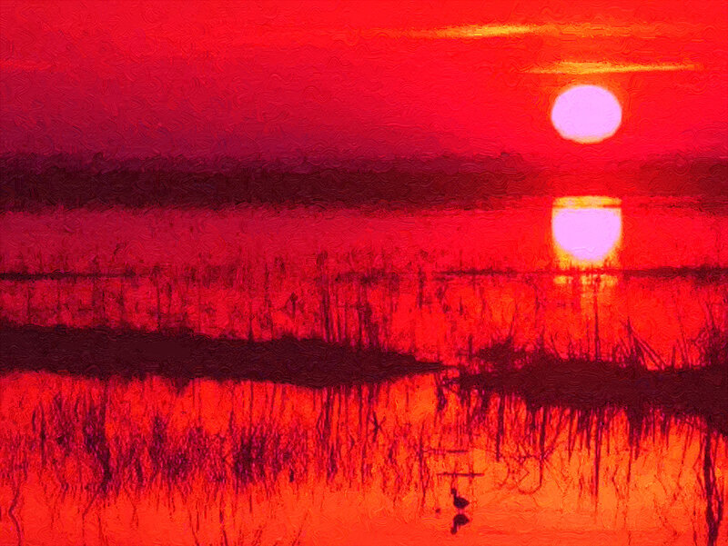 Sun Setting over Water — Red, Dramatic, Sunset, Painting
