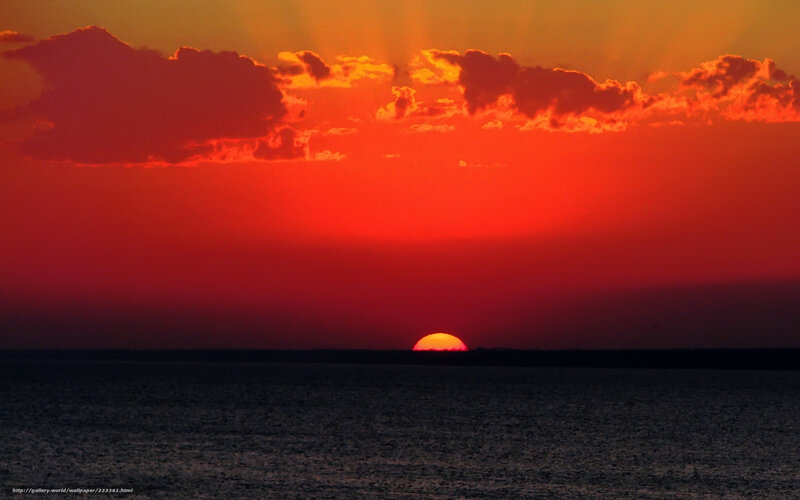 Sun Setting over Water — Red, Dramatic, Sunset, Photograph, Clouds, Ocean