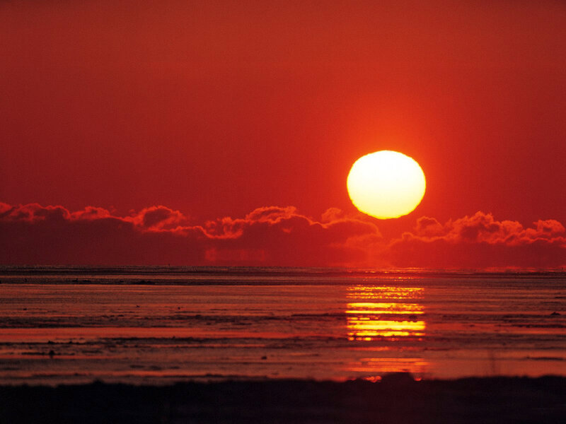 Sun Setting over Water — Red, Dramatic, Sunset, Photograph, Clouds, Orange