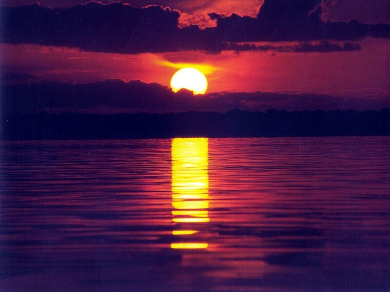 Sun Setting over Water — Red, Dramatic, Sunset, Photograph, Clouds, Reflection