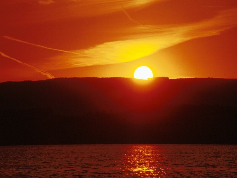 Sun Setting over Water — Red, Dramatic, Sunset, Photograph, Mountain