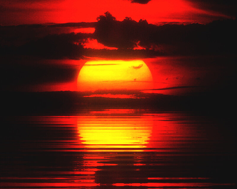 Sun Setting over Water — Red, Dramatic, Sunset, Photograph