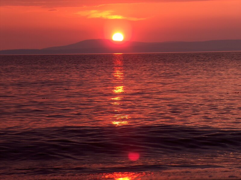 Sun Setting over Water — Red, Serene, Sunset, Photograph, Mountain
