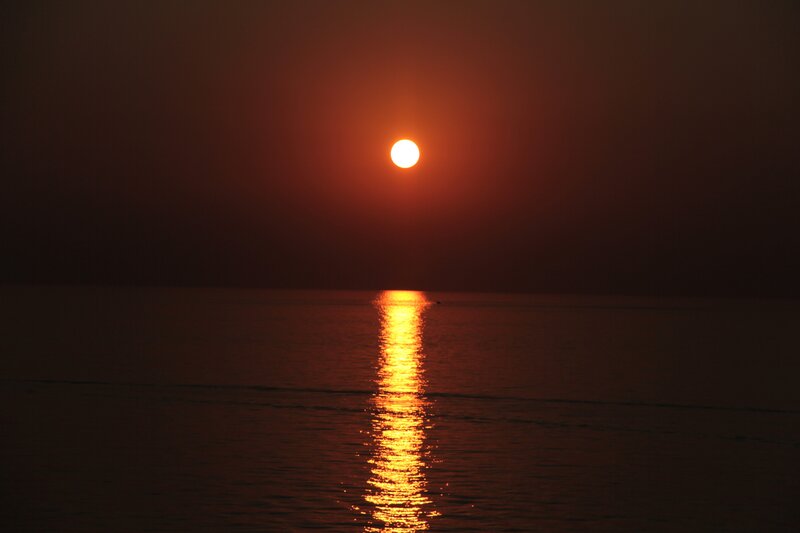 Sun Setting over Water — Red, Serene, Sunset, Photograph, Reflection, Ocean