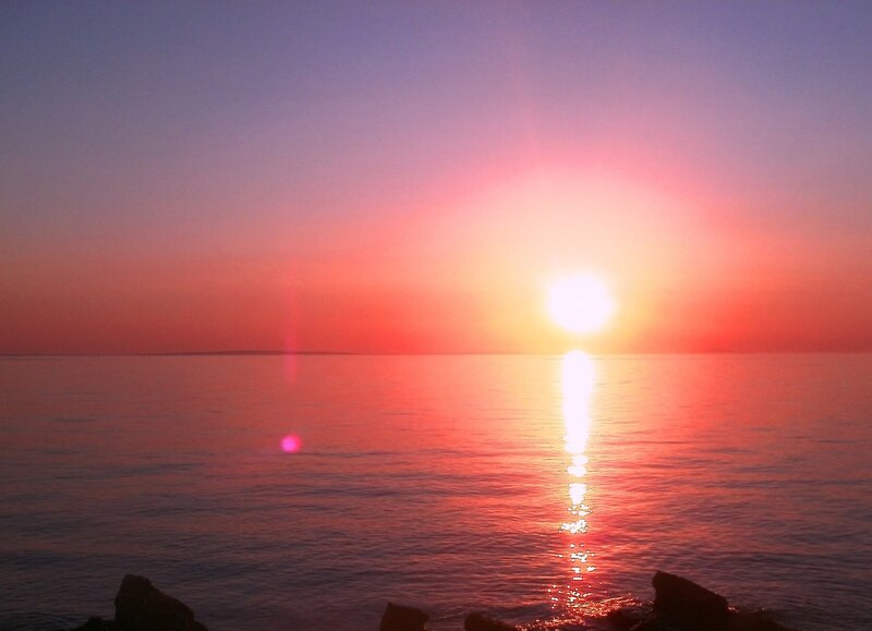 Sun Setting over Water — Red, Serene, Sunset, Photograph, Sky