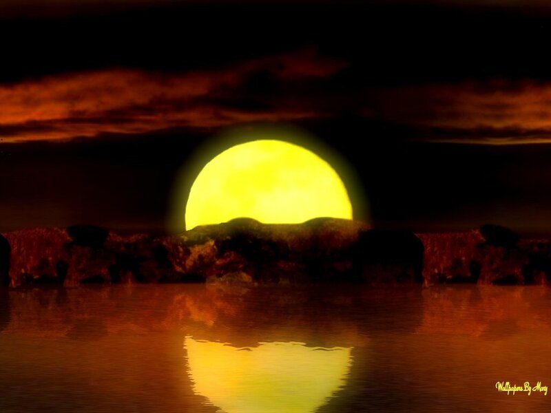 Sun Setting over Water — Yellow, Dramatic, Sunset, Digital Art