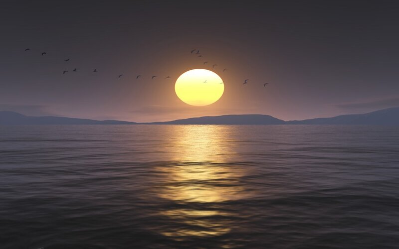 Sun Setting over Water — Yellow, Serene, Sunset, 3d Render