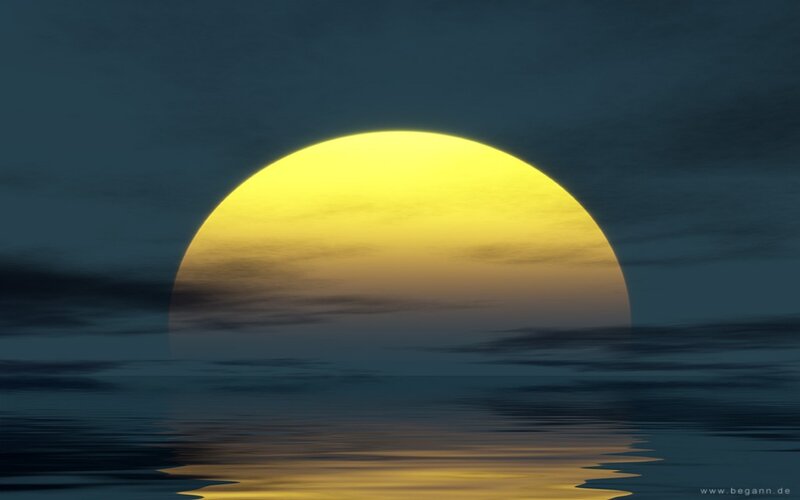 Sun Setting over Water — Yellow, Serene, Sunset, Digital Art, Sky