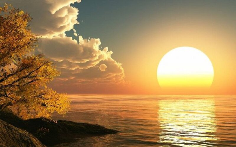 Sun Setting over Water — Yellow, Serene, Sunset, Digital Art