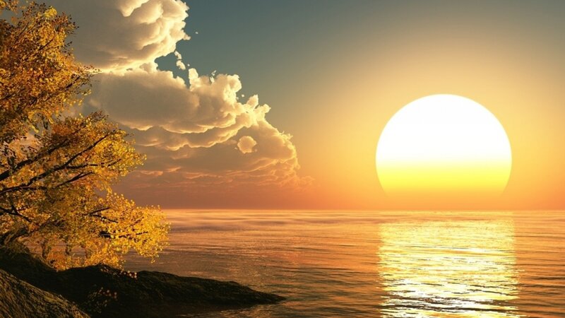 Sun Setting over Water — Yellow, Serene, Sunset, Digital Art, Tree, Clouds