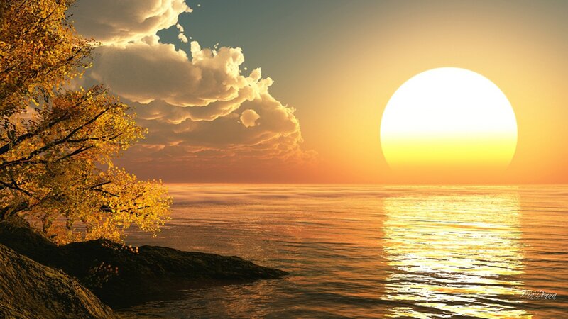 Sun Setting over Water — Yellow, Serene, Sunset, Digital Art, Tree