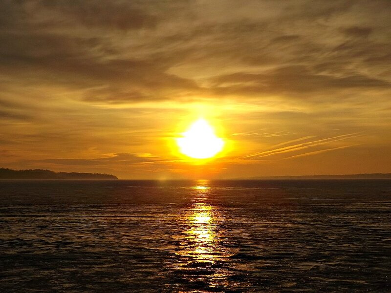 Sun Setting over Water — Yellow, Serene, Sunset, Photograph, Sky