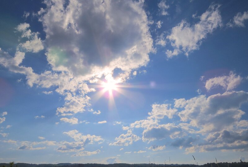 Sun Shining Through Clouds — Blue, Bright, Afternoon, Photograph, Sky, Horizon