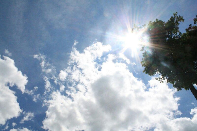 Sun Shining Through Clouds — Blue, Bright, Afternoon, Photograph, Tree