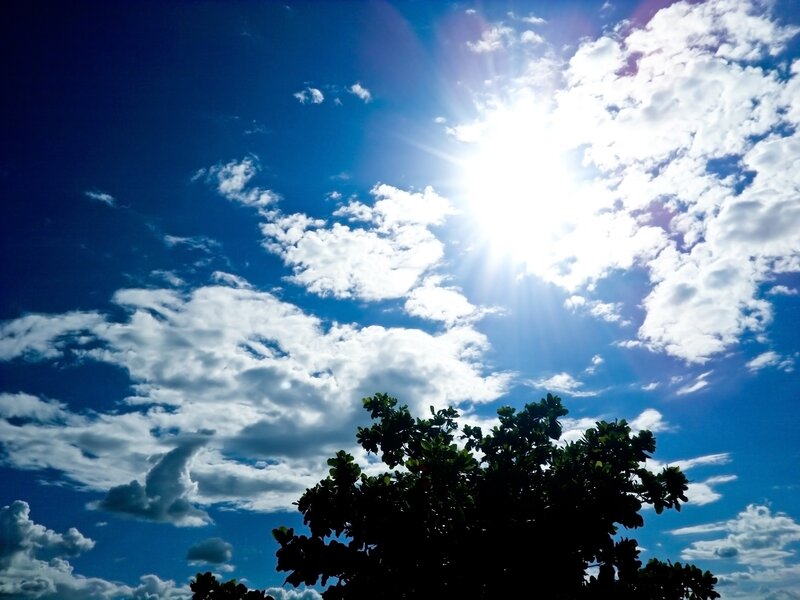 Sun Shining Through Clouds — Blue, Bright, Afternoon, Photograph, Tree, White