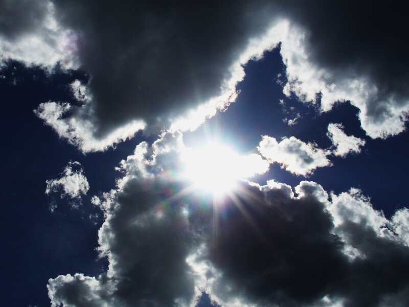 Sun Shining Through Clouds — Blue, Dramatic, Afternoon, Photograph, White, Black