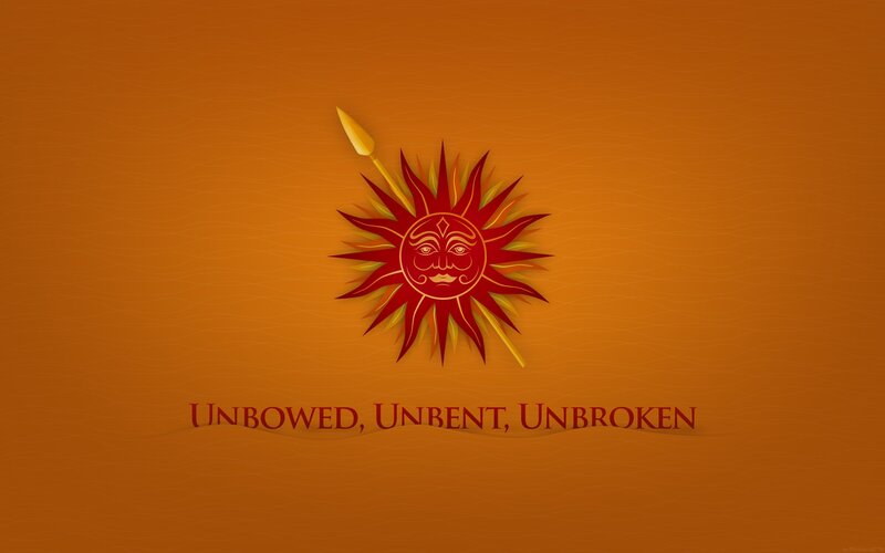 Sun symbol with spear and motto