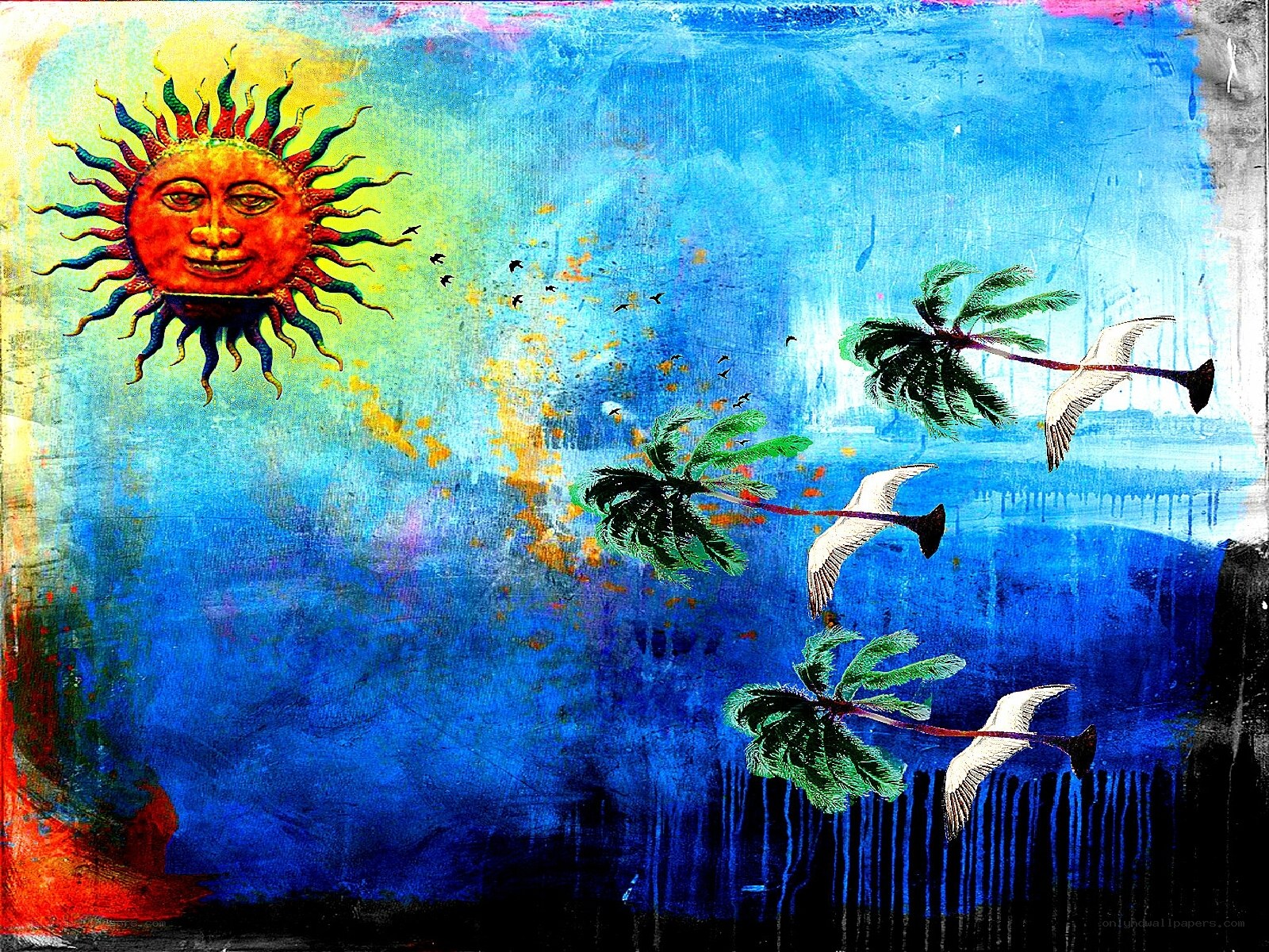 Sun with a face over tropical scene