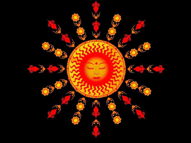 Sun with face and floral rays