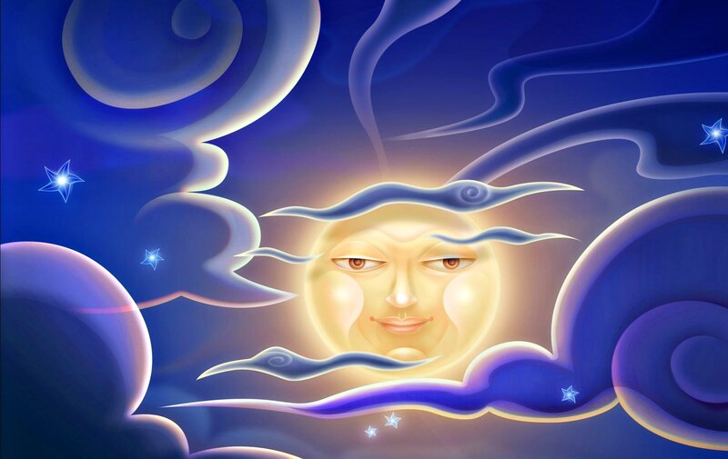 Sun with Face in Sky — Blue